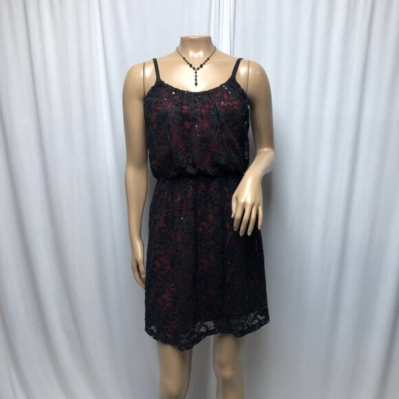 Studio Y Dress Womens Size Small Black Sequin Lace Overlay Red Lining Short NEW - Picture 1 of 8